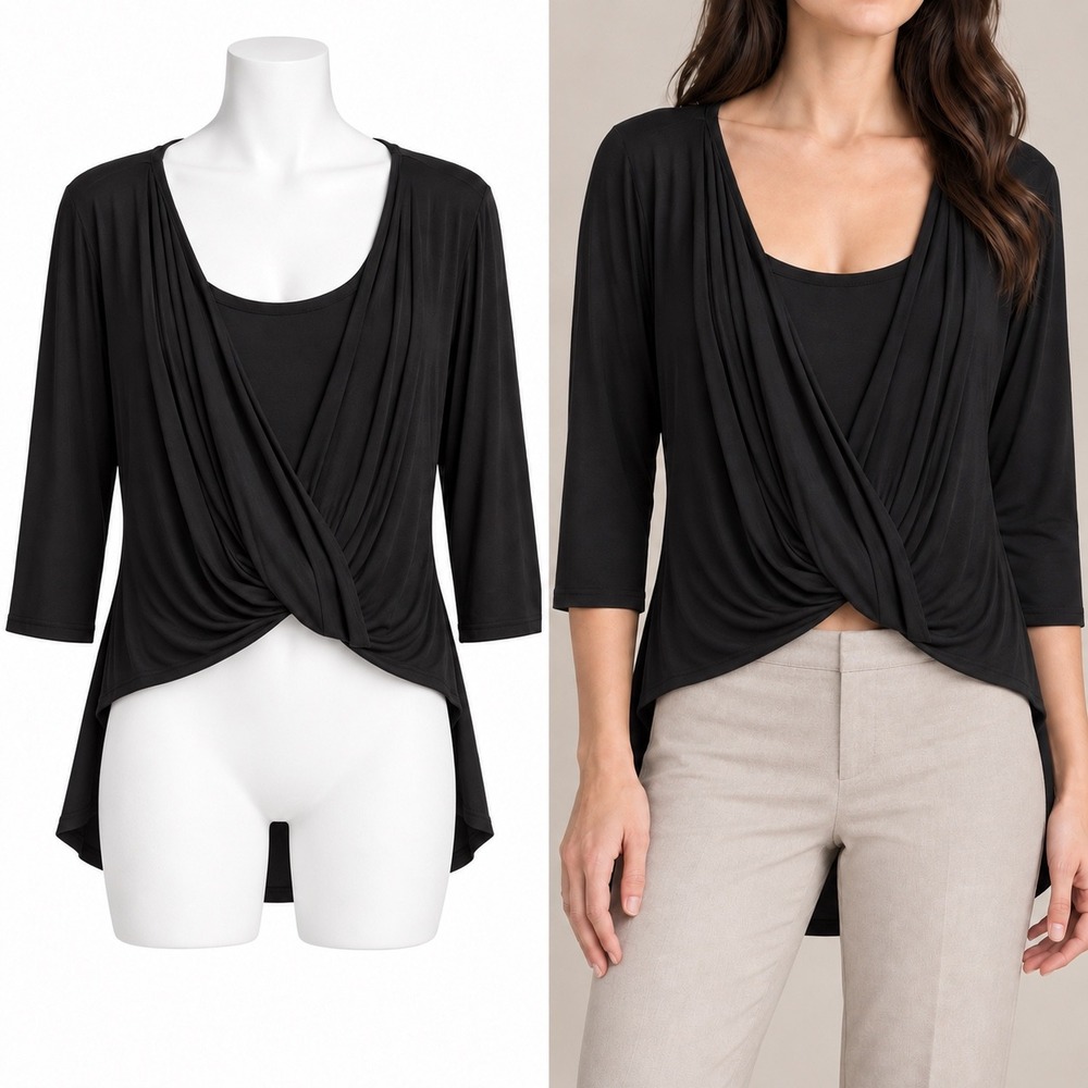H by Halston Top Size Medium Black Faux Wrap Twist Front Draped 3/4 Sleeve Shirt